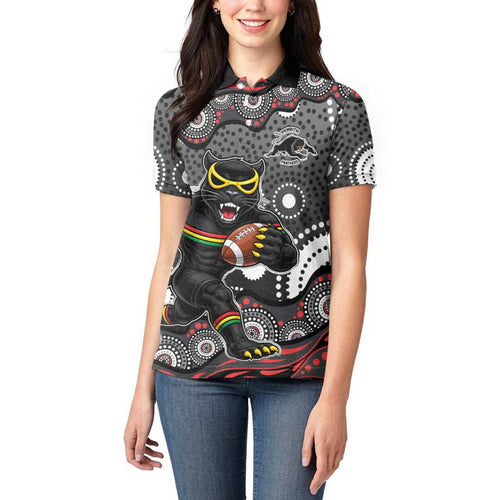 Penrith Panthers Women Polo Shirt Aboriginal Dot Pattern - Rugby Mascot Heritage Pride