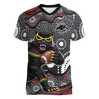 Penrith Panthers Women V-Neck T-Shirt Aboriginal Dot Pattern - Rugby Mascot Heritage Pride