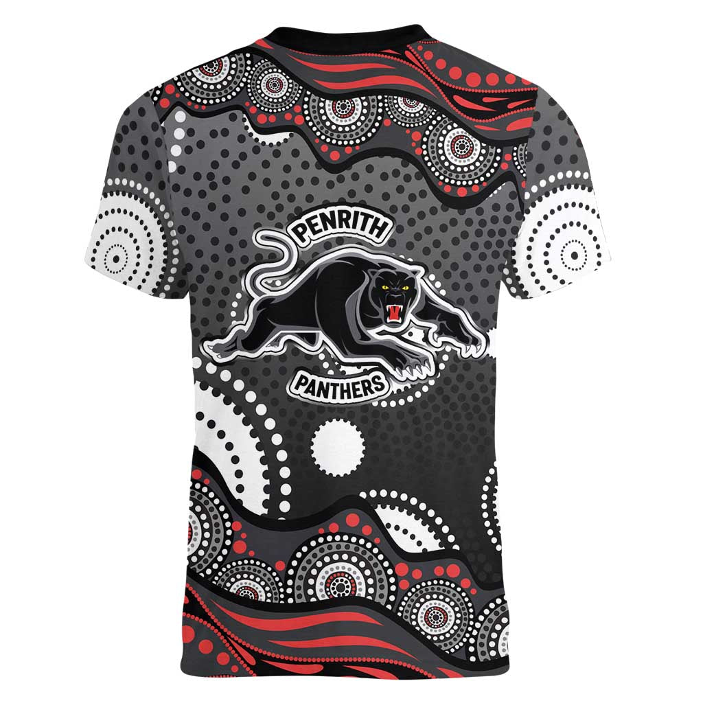 Penrith Panthers Women V-Neck T-Shirt Aboriginal Dot Pattern - Rugby Mascot Heritage Pride