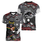 Penrith Panthers Women V-Neck T-Shirt Aboriginal Dot Pattern - Rugby Mascot Heritage Pride
