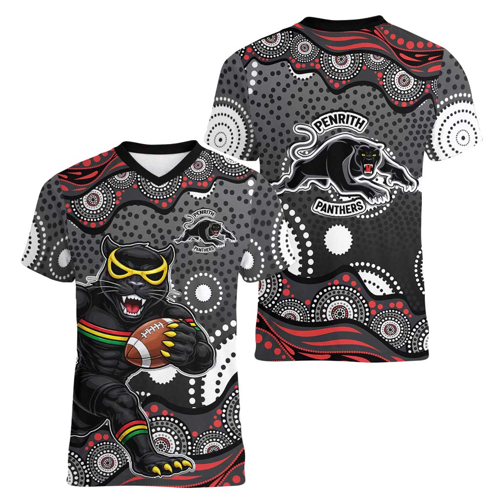 Penrith Panthers Women V-Neck T-Shirt Aboriginal Dot Pattern - Rugby Mascot Heritage Pride