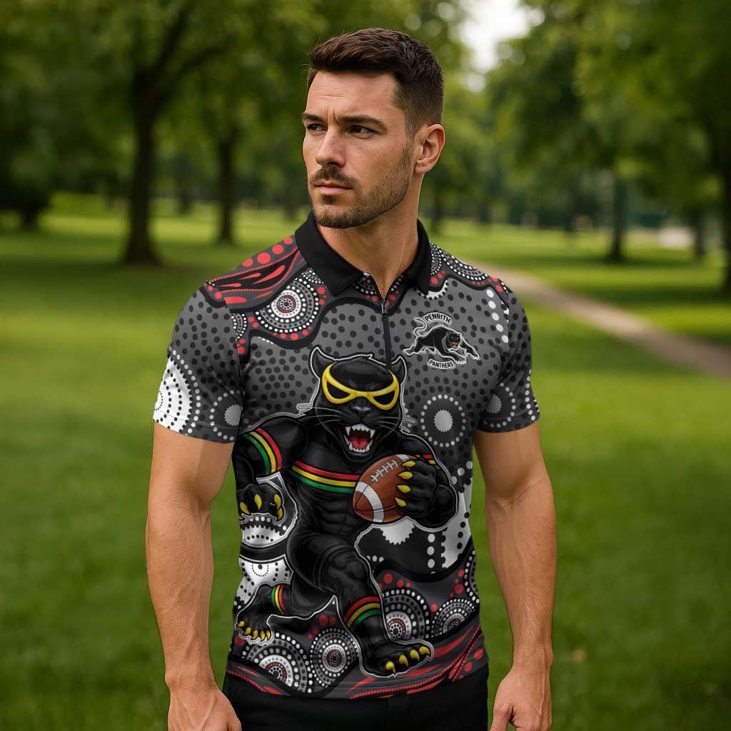 Penrith Panthers Zipper Polo Shirt Aboriginal Dot Pattern - Rugby Mascot Heritage Pride