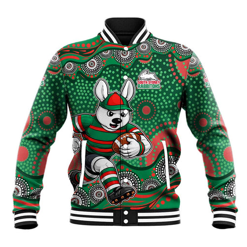 South Sydney Rabbitohs Baseball Jacket Aboriginal Dot Pattern - Rugby Mascot Heritage Pride
