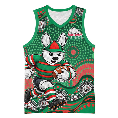 South Sydney Rabbitohs Basketball Jersey Aboriginal Dot Pattern - Rugby Mascot Heritage Pride