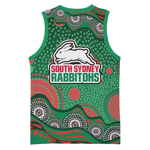 South Sydney Rabbitohs Basketball Jersey Aboriginal Dot Pattern - Rugby Mascot Heritage Pride