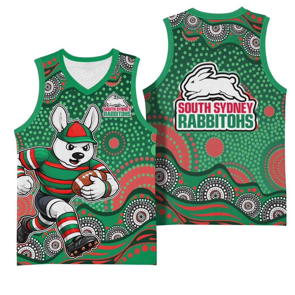 South Sydney Rabbitohs Basketball Jersey Aboriginal Dot Pattern - Rugby Mascot Heritage Pride
