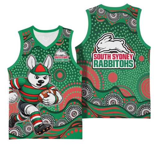 South Sydney Rabbitohs Basketball Jersey Aboriginal Dot Pattern - Rugby Mascot Heritage Pride