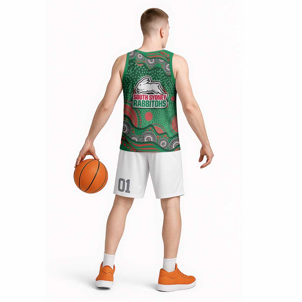 South Sydney Rabbitohs Basketball Jersey Aboriginal Dot Pattern - Rugby Mascot Heritage Pride