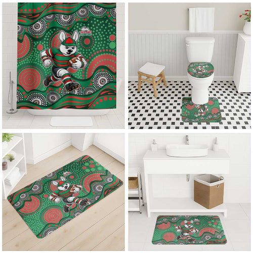 South Sydney Rabbitohs Bathroom Set Aboriginal Dot Pattern - Rugby Mascot Heritage Pride