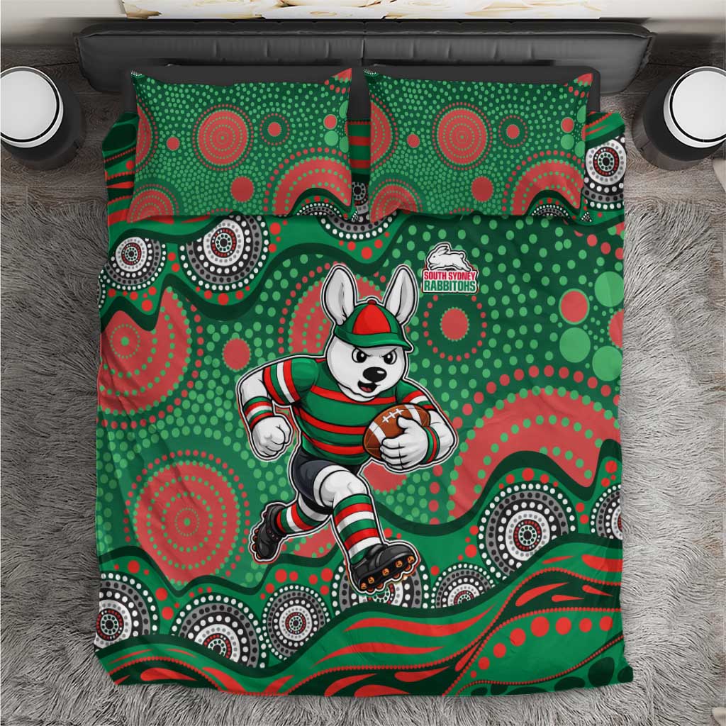 South Sydney Rabbitohs Bedding Set Aboriginal Dot Pattern - Rugby Mascot Heritage Pride