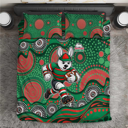 South Sydney Rabbitohs Bedding Set Aboriginal Dot Pattern - Rugby Mascot Heritage Pride