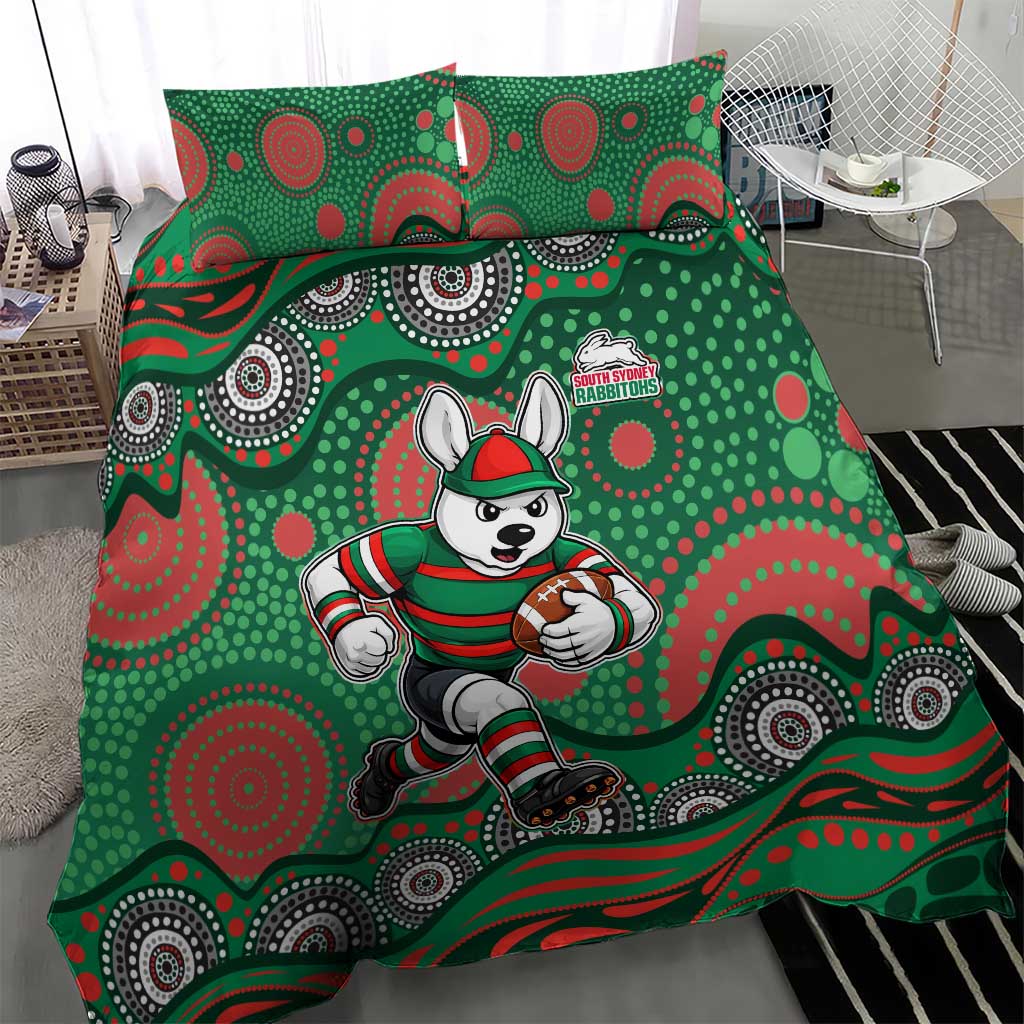 South Sydney Rabbitohs Bedding Set Aboriginal Dot Pattern - Rugby Mascot Heritage Pride