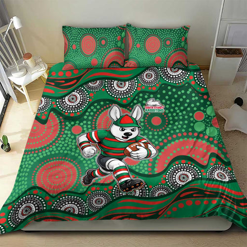 South Sydney Rabbitohs Bedding Set Aboriginal Dot Pattern - Rugby Mascot Heritage Pride