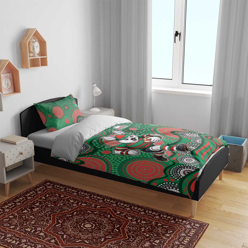 South Sydney Rabbitohs Bedding Set Aboriginal Dot Pattern - Rugby Mascot Heritage Pride
