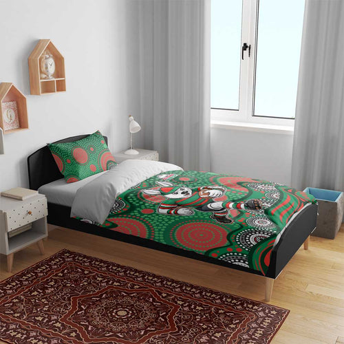 South Sydney Rabbitohs Bedding Set Aboriginal Dot Pattern - Rugby Mascot Heritage Pride