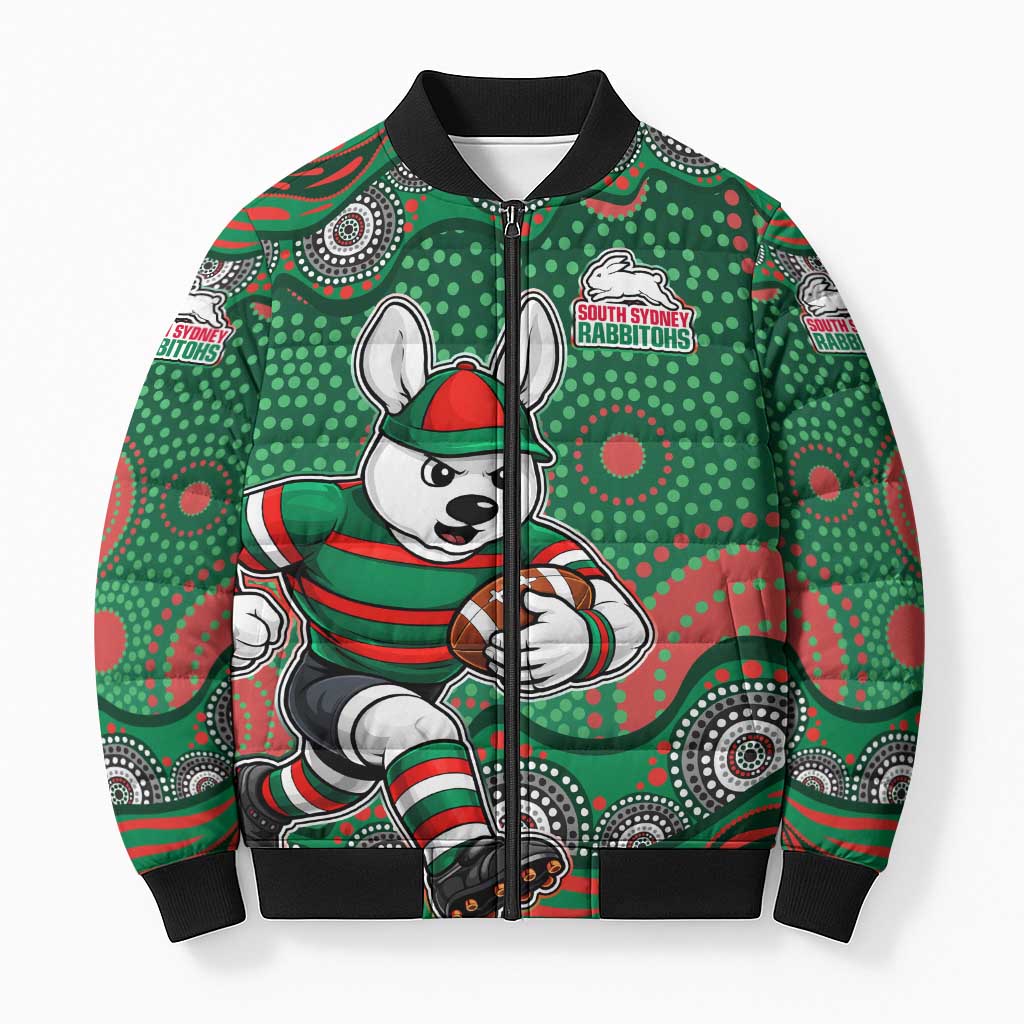 South Sydney Rabbitohs Bomber Puffer Jacket Aboriginal Dot Pattern - Rugby Mascot Heritage Pride