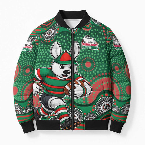 South Sydney Rabbitohs Bomber Puffer Jacket Aboriginal Dot Pattern - Rugby Mascot Heritage Pride