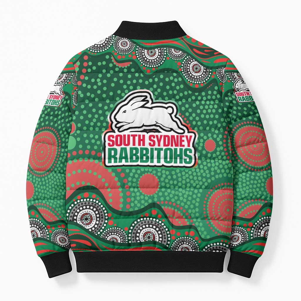 South Sydney Rabbitohs Bomber Puffer Jacket Aboriginal Dot Pattern - Rugby Mascot Heritage Pride