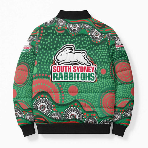 South Sydney Rabbitohs Bomber Puffer Jacket Aboriginal Dot Pattern - Rugby Mascot Heritage Pride