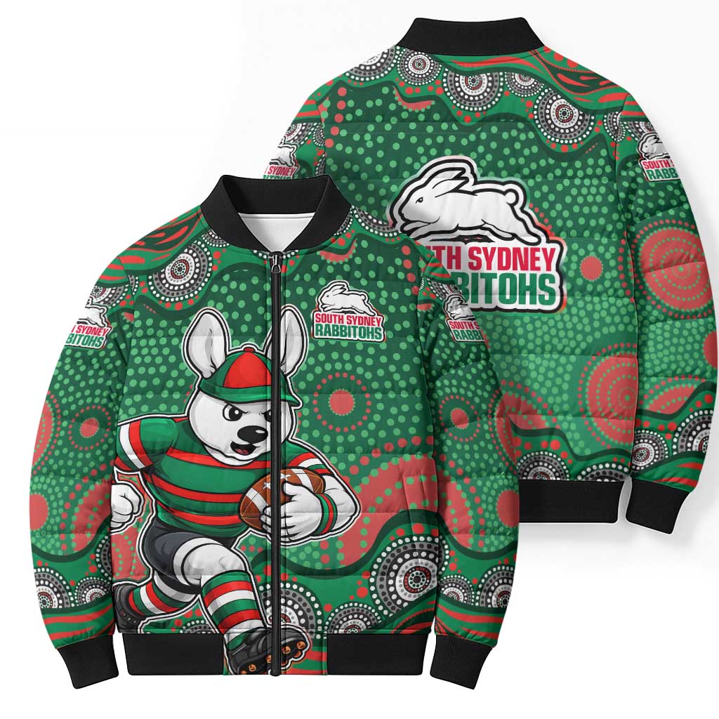 South Sydney Rabbitohs Bomber Puffer Jacket Aboriginal Dot Pattern - Rugby Mascot Heritage Pride