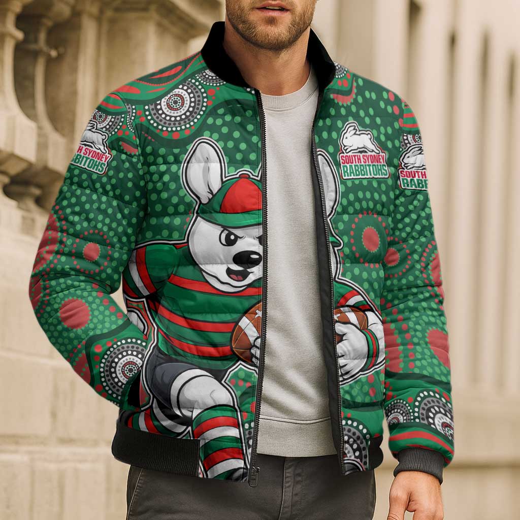 South Sydney Rabbitohs Bomber Puffer Jacket Aboriginal Dot Pattern - Rugby Mascot Heritage Pride
