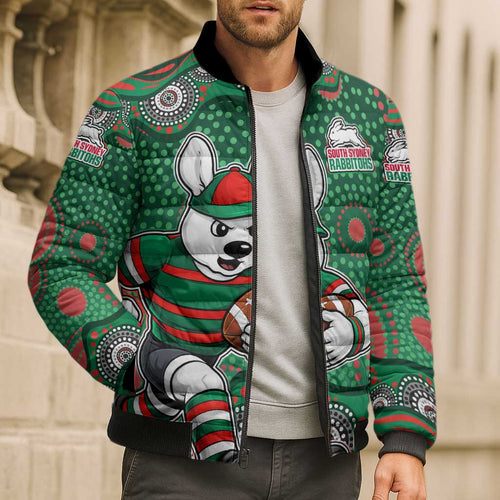 South Sydney Rabbitohs Bomber Puffer Jacket Aboriginal Dot Pattern - Rugby Mascot Heritage Pride