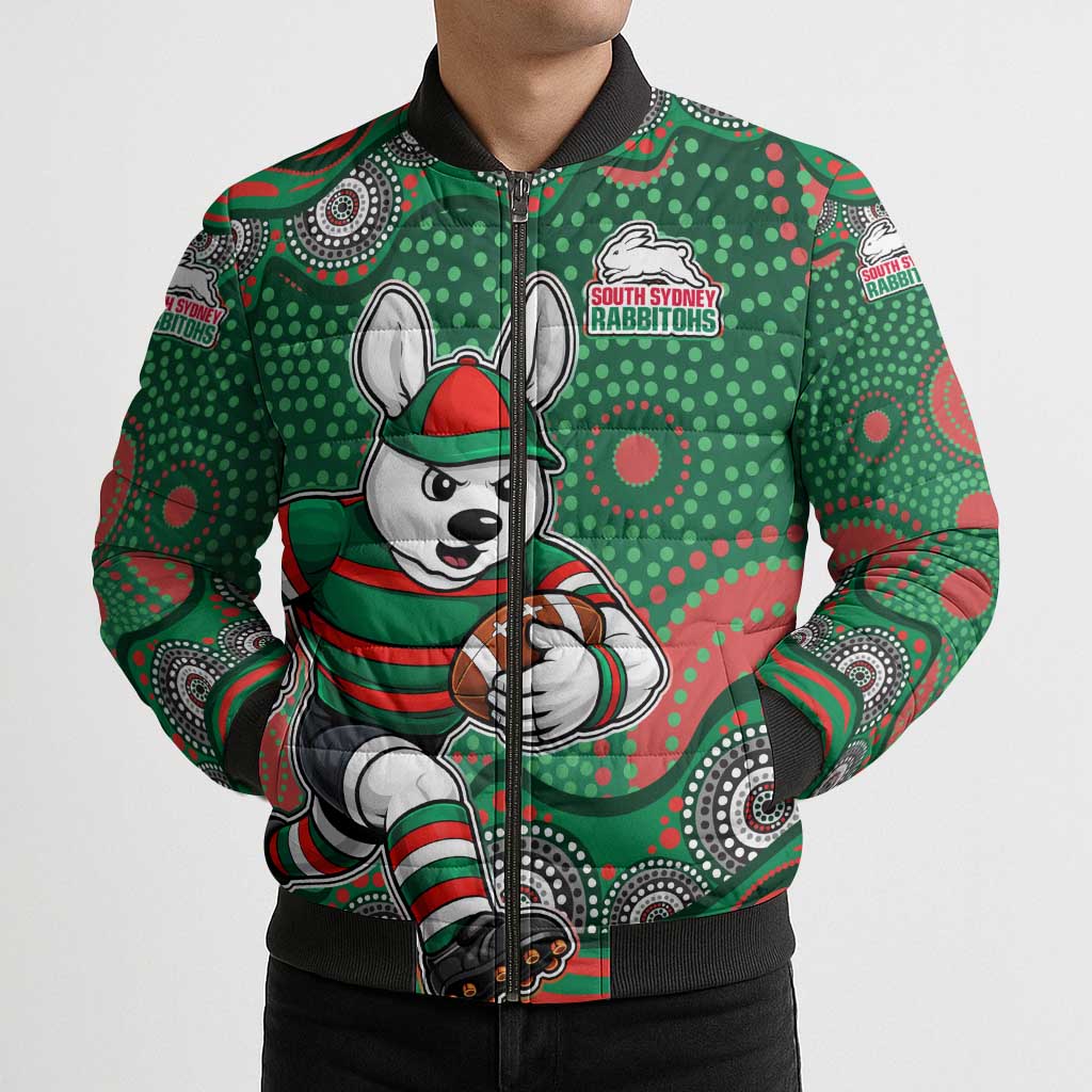 South Sydney Rabbitohs Bomber Puffer Jacket Aboriginal Dot Pattern - Rugby Mascot Heritage Pride