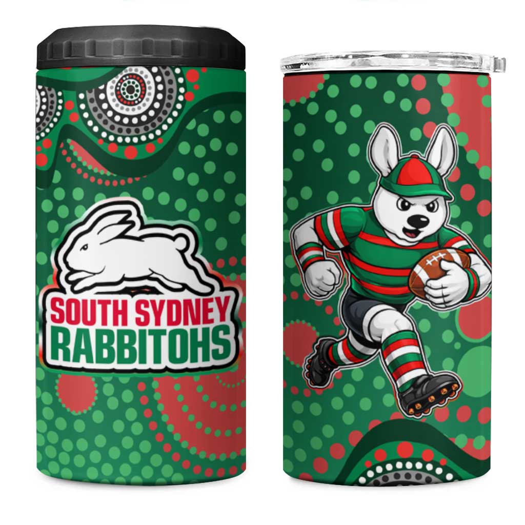 South Sydney Rabbitohs 4 in 1 Can Cooler Tumbler Aboriginal Dot Pattern - Rugby Mascot Heritage Pride