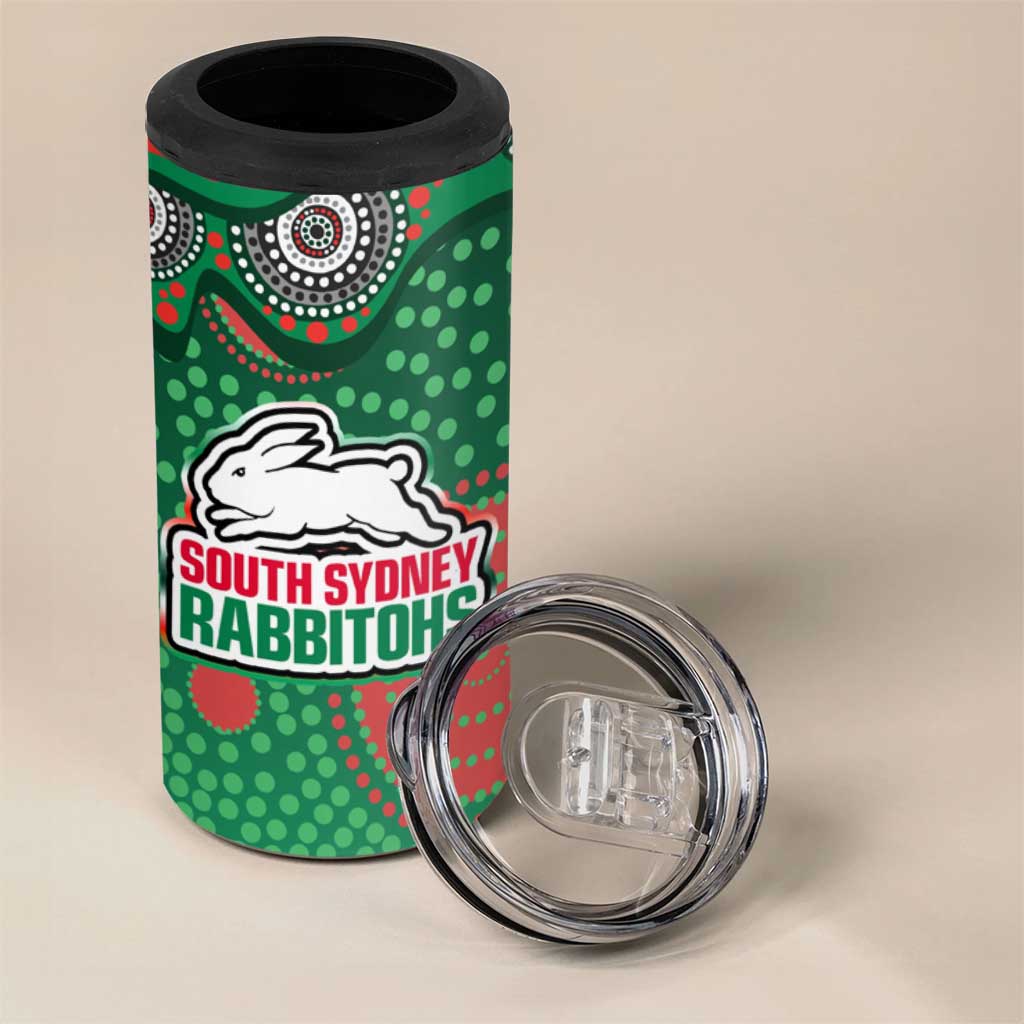 South Sydney Rabbitohs 4 in 1 Can Cooler Tumbler Aboriginal Dot Pattern - Rugby Mascot Heritage Pride