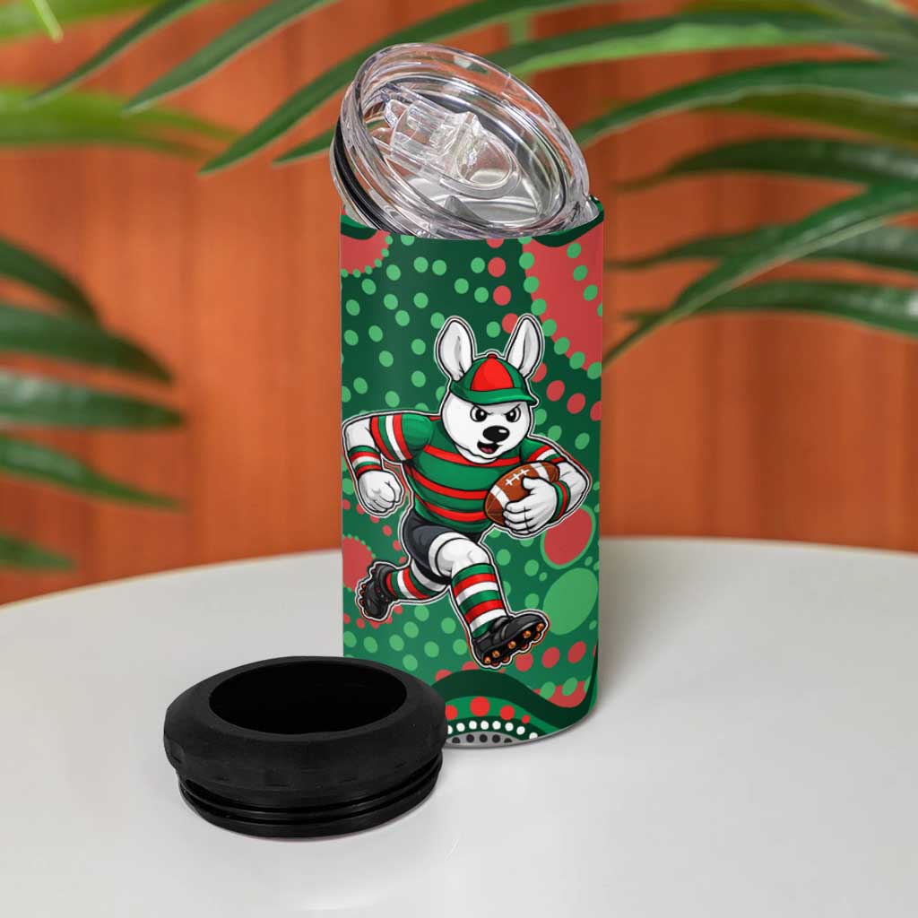 South Sydney Rabbitohs 4 in 1 Can Cooler Tumbler Aboriginal Dot Pattern - Rugby Mascot Heritage Pride