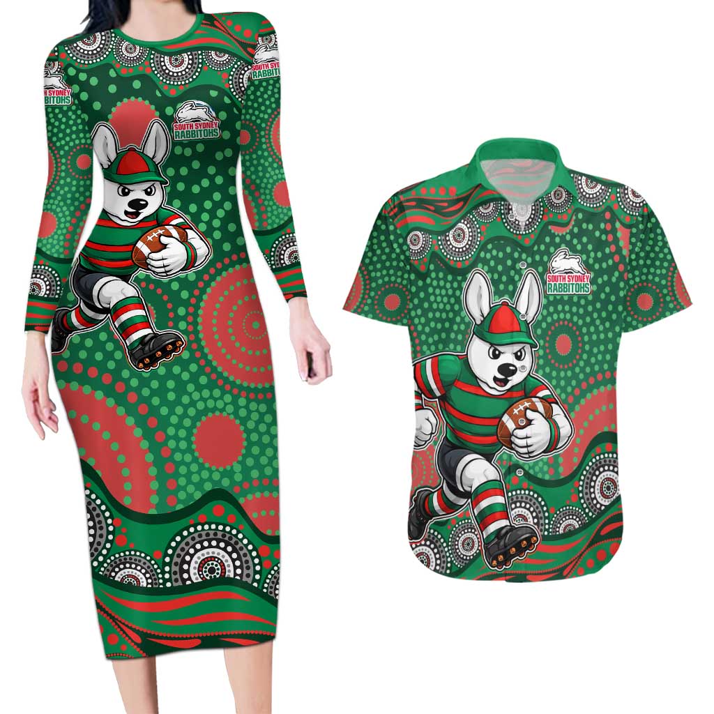 South Sydney Rabbitohs Couples Matching Long Sleeve Bodycon Dress and Hawaiian Shirt Aboriginal Dot Pattern - Rugby Mascot Heritage Pride