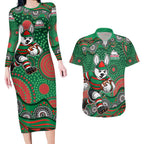 South Sydney Rabbitohs Couples Matching Long Sleeve Bodycon Dress and Hawaiian Shirt Aboriginal Dot Pattern - Rugby Mascot Heritage Pride