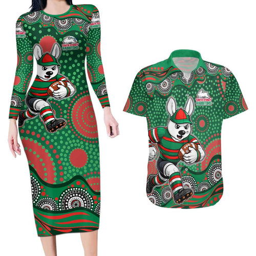 South Sydney Rabbitohs Couples Matching Long Sleeve Bodycon Dress and Hawaiian Shirt Aboriginal Dot Pattern - Rugby Mascot Heritage Pride