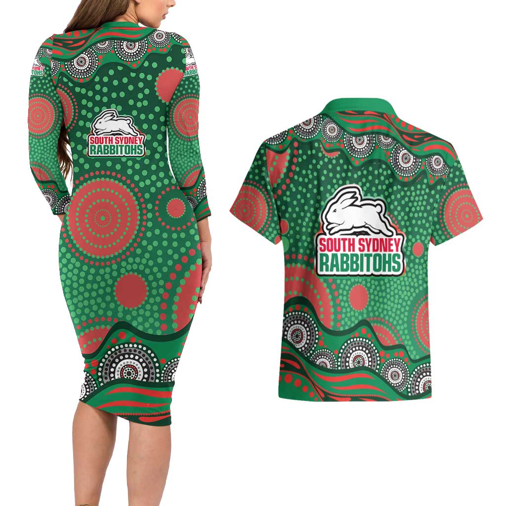South Sydney Rabbitohs Couples Matching Long Sleeve Bodycon Dress and Hawaiian Shirt Aboriginal Dot Pattern - Rugby Mascot Heritage Pride