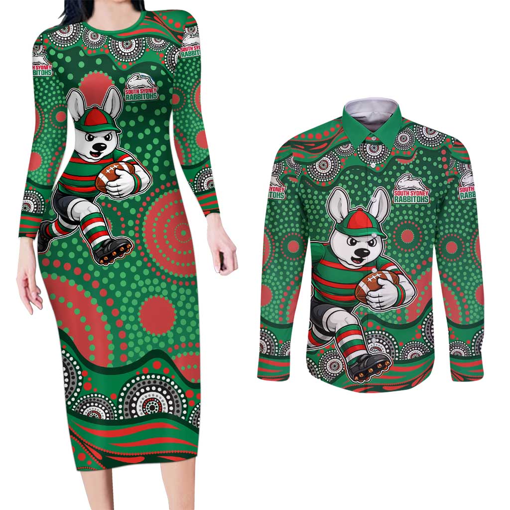South Sydney Rabbitohs Couples Matching Long Sleeve Bodycon Dress and Long Sleeve Button Shirt Aboriginal Dot Pattern - Rugby Mascot Heritage Pride