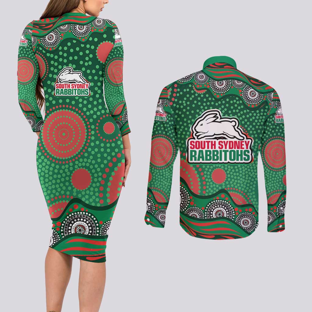 South Sydney Rabbitohs Couples Matching Long Sleeve Bodycon Dress and Long Sleeve Button Shirt Aboriginal Dot Pattern - Rugby Mascot Heritage Pride