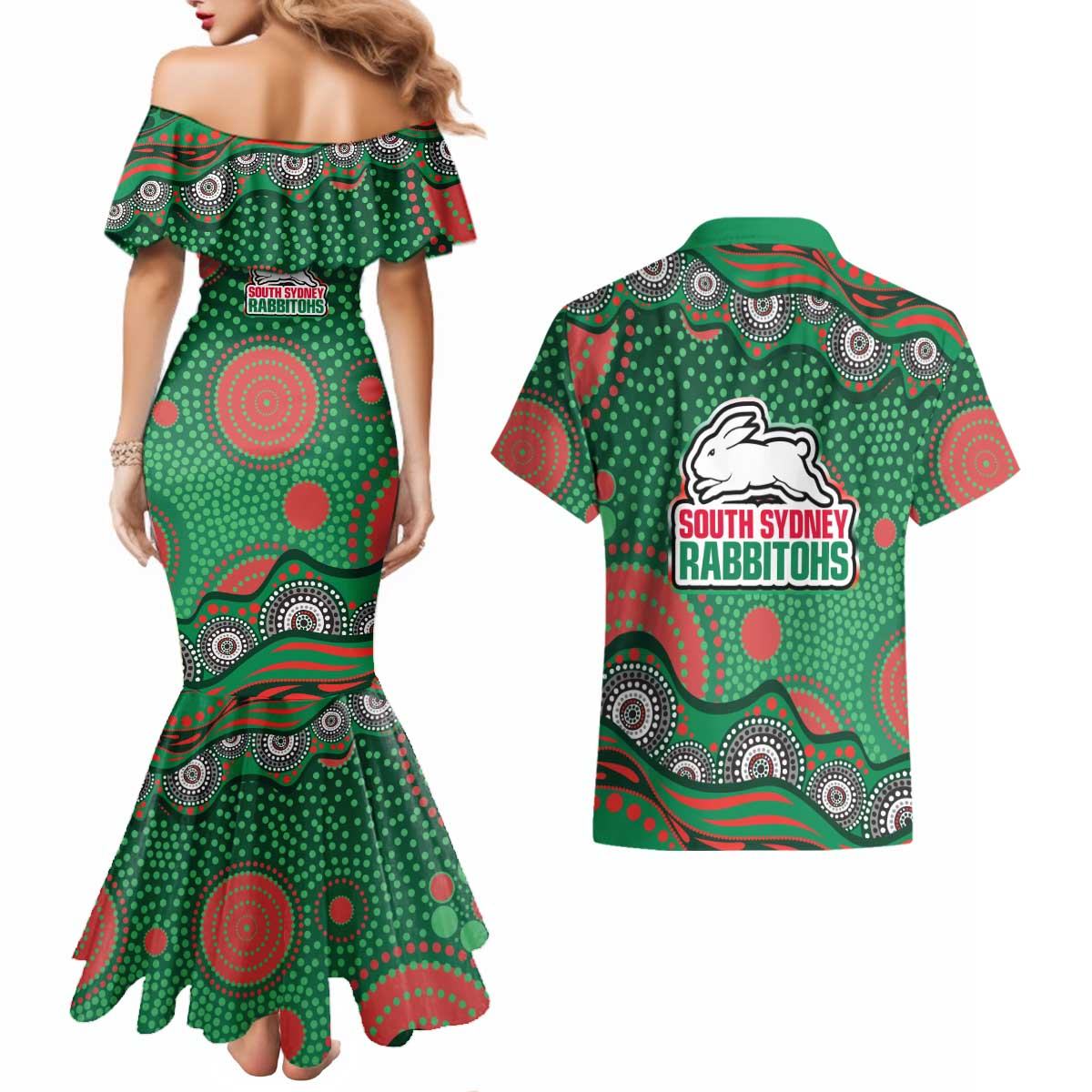 South Sydney Rabbitohs Couples Matching Mermaid Dress and Hawaiian Shirt Aboriginal Dot Pattern - Rugby Mascot Heritage Pride