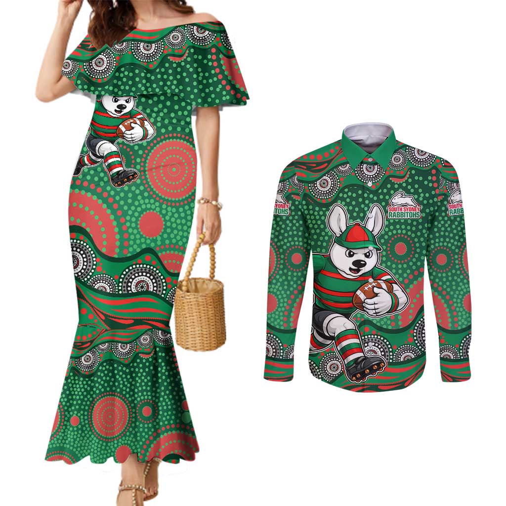South Sydney Rabbitohs Couples Matching Mermaid Dress and Long Sleeve Button Shirt Aboriginal Dot Pattern - Rugby Mascot Heritage Pride