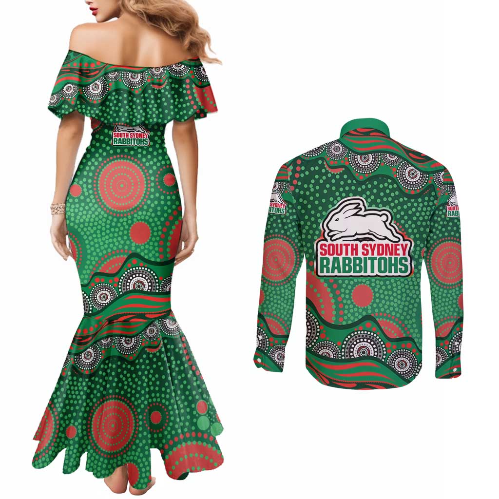South Sydney Rabbitohs Couples Matching Mermaid Dress and Long Sleeve Button Shirt Aboriginal Dot Pattern - Rugby Mascot Heritage Pride