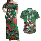 South Sydney Rabbitohs Couples Matching Off Shoulder Maxi Dress and Hawaiian Shirt Aboriginal Dot Pattern - Rugby Mascot Heritage Pride