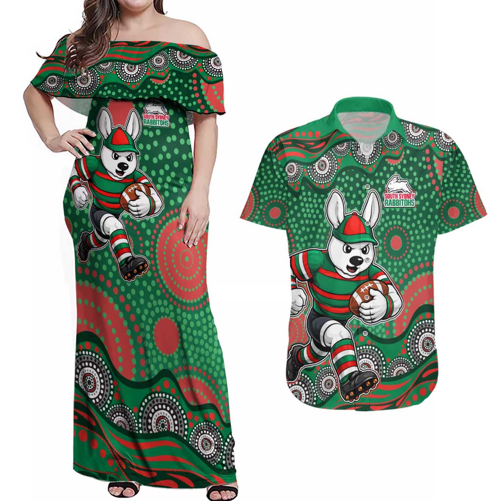 South Sydney Rabbitohs Couples Matching Off Shoulder Maxi Dress and Hawaiian Shirt Aboriginal Dot Pattern - Rugby Mascot Heritage Pride