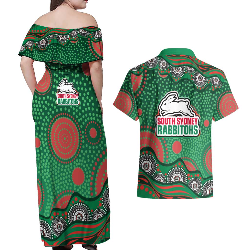 South Sydney Rabbitohs Couples Matching Off Shoulder Maxi Dress and Hawaiian Shirt Aboriginal Dot Pattern - Rugby Mascot Heritage Pride