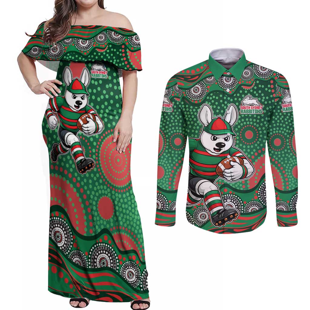 South Sydney Rabbitohs Couples Matching Off Shoulder Maxi Dress and Long Sleeve Button Shirt Aboriginal Dot Pattern - Rugby Mascot Heritage Pride