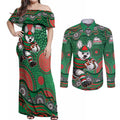 South Sydney Rabbitohs Couples Matching Off Shoulder Maxi Dress and Long Sleeve Button Shirt Aboriginal Dot Pattern - Rugby Mascot Heritage Pride