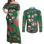 South Sydney Rabbitohs Couples Matching Off Shoulder Maxi Dress and Long Sleeve Button Shirt Aboriginal Dot Pattern - Rugby Mascot Heritage Pride