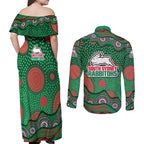 South Sydney Rabbitohs Couples Matching Off Shoulder Maxi Dress and Long Sleeve Button Shirt Aboriginal Dot Pattern - Rugby Mascot Heritage Pride