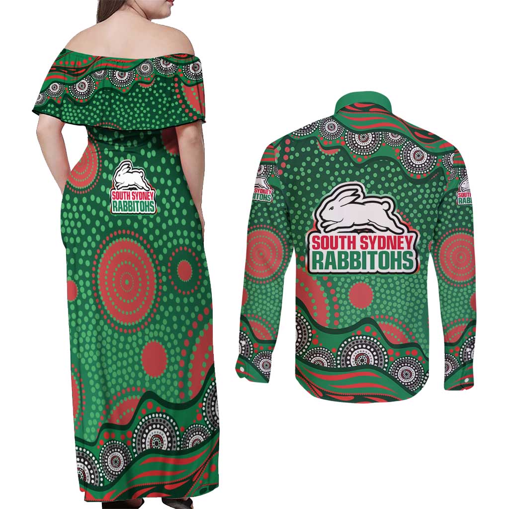 South Sydney Rabbitohs Couples Matching Off Shoulder Maxi Dress and Long Sleeve Button Shirt Aboriginal Dot Pattern - Rugby Mascot Heritage Pride