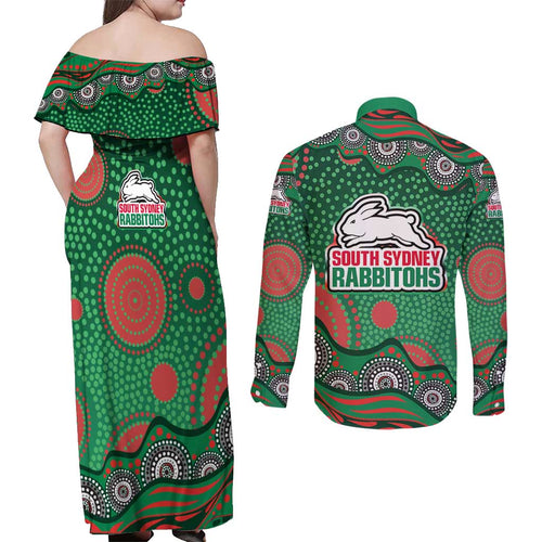 South Sydney Rabbitohs Couples Matching Off Shoulder Maxi Dress and Long Sleeve Button Shirt Aboriginal Dot Pattern - Rugby Mascot Heritage Pride