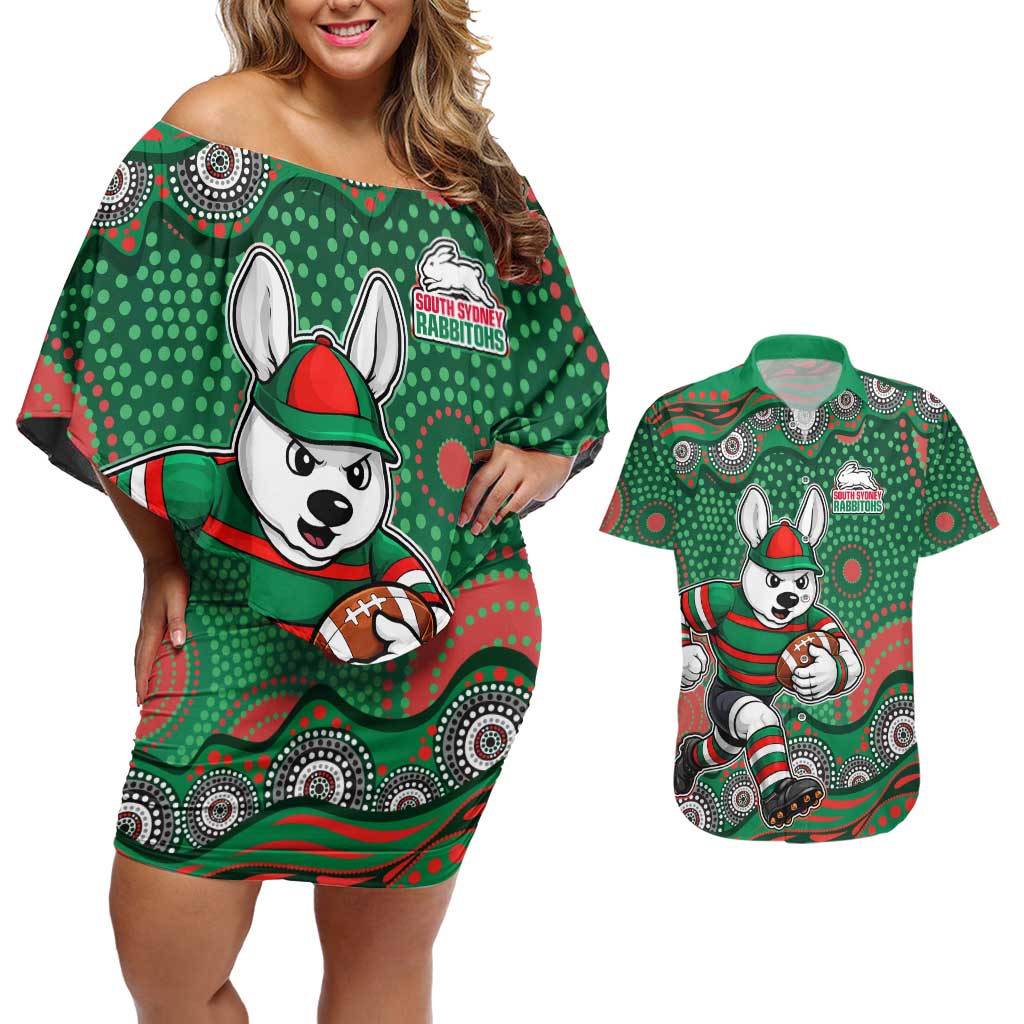 South Sydney Rabbitohs Couples Matching Off Shoulder Short Dress and Hawaiian Shirt Aboriginal Dot Pattern - Rugby Mascot Heritage Pride
