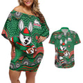 South Sydney Rabbitohs Couples Matching Off Shoulder Short Dress and Hawaiian Shirt Aboriginal Dot Pattern - Rugby Mascot Heritage Pride